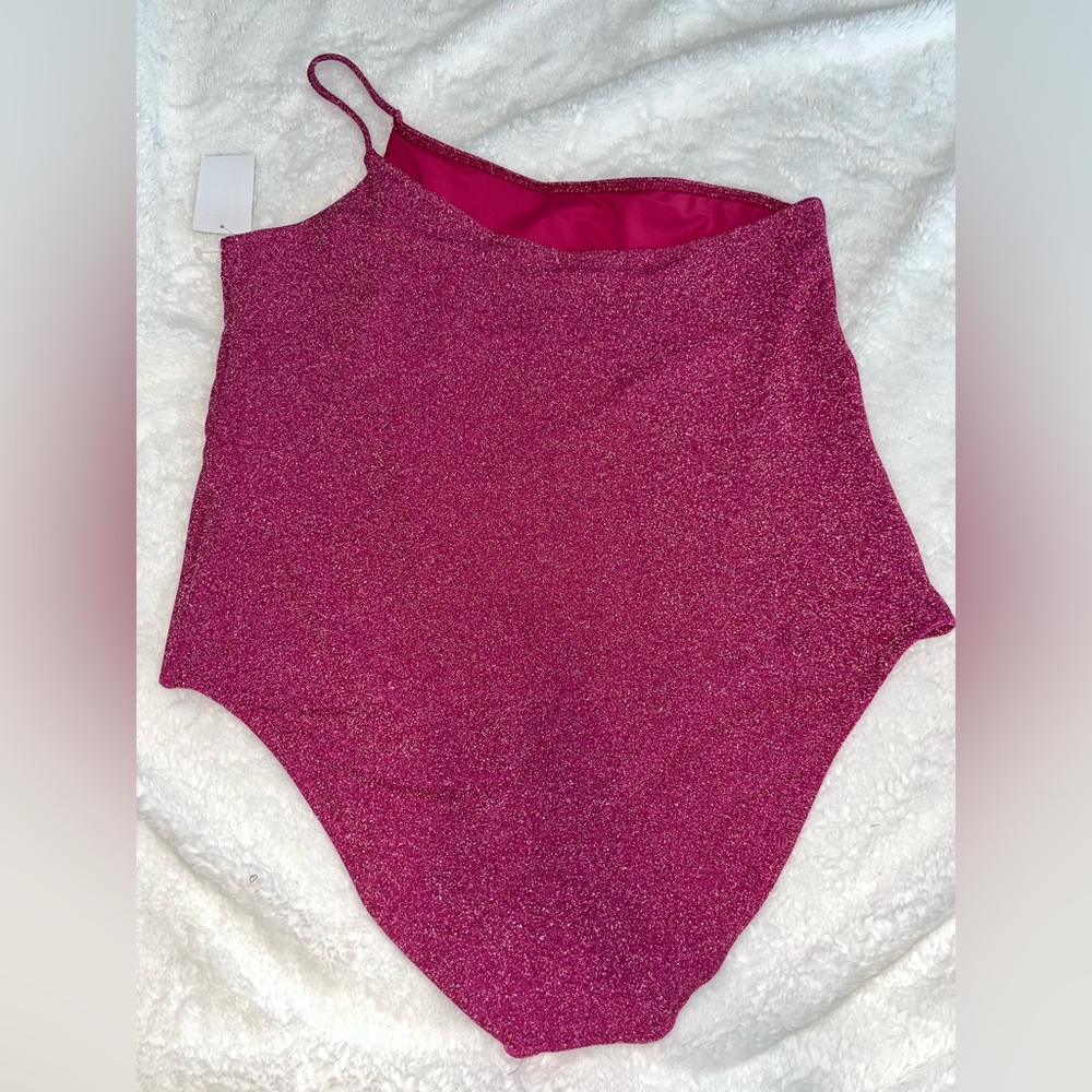 NWT GOOD AMERICAN | One Shoulder Hawaiian Pink Sparkle One Piece Bathing Suit - Picture 3 of 6